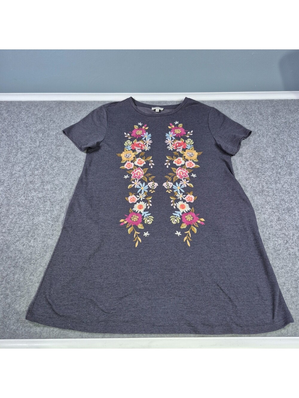 Umgee Blue Floral Embroidered T-Shirt Dress Boho Short Sleeve Sz Large